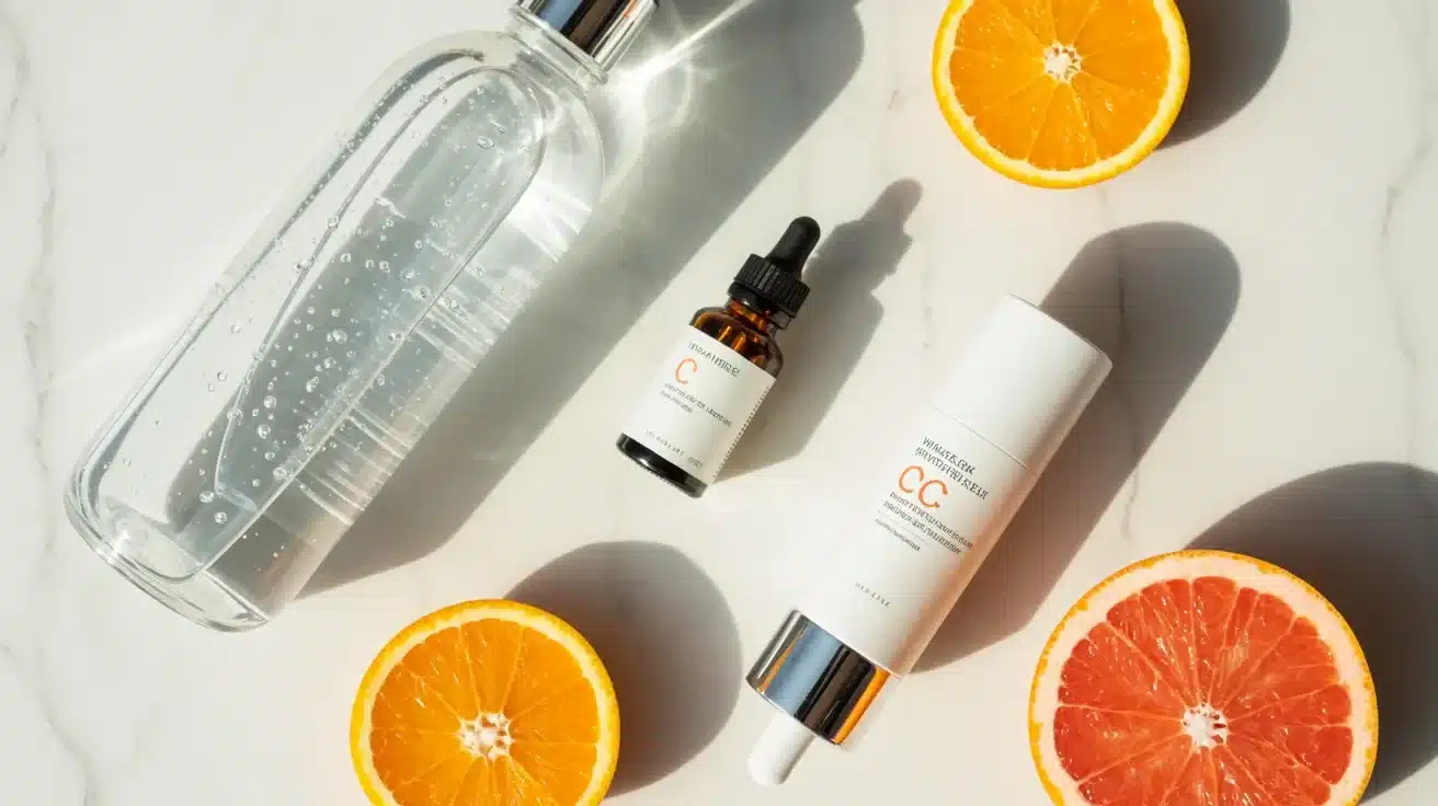 skincare routine setup showing vitamin C serum, sunscreen, and lifestyle factors that influence skin results and effectiveness.