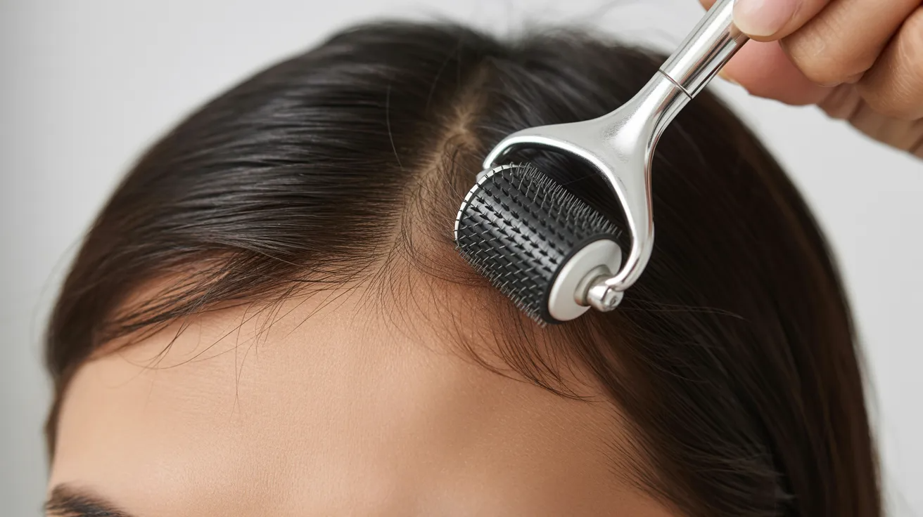 Derma rolling scalp to stimulate hair growth and improve product absorption