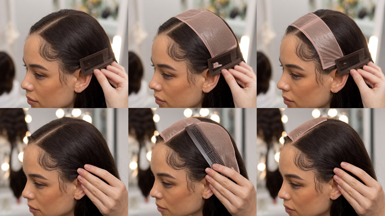 Glueless closure wig installation showing adjustable band, built-in combs, and natural hair neatly secured under a wig cap.