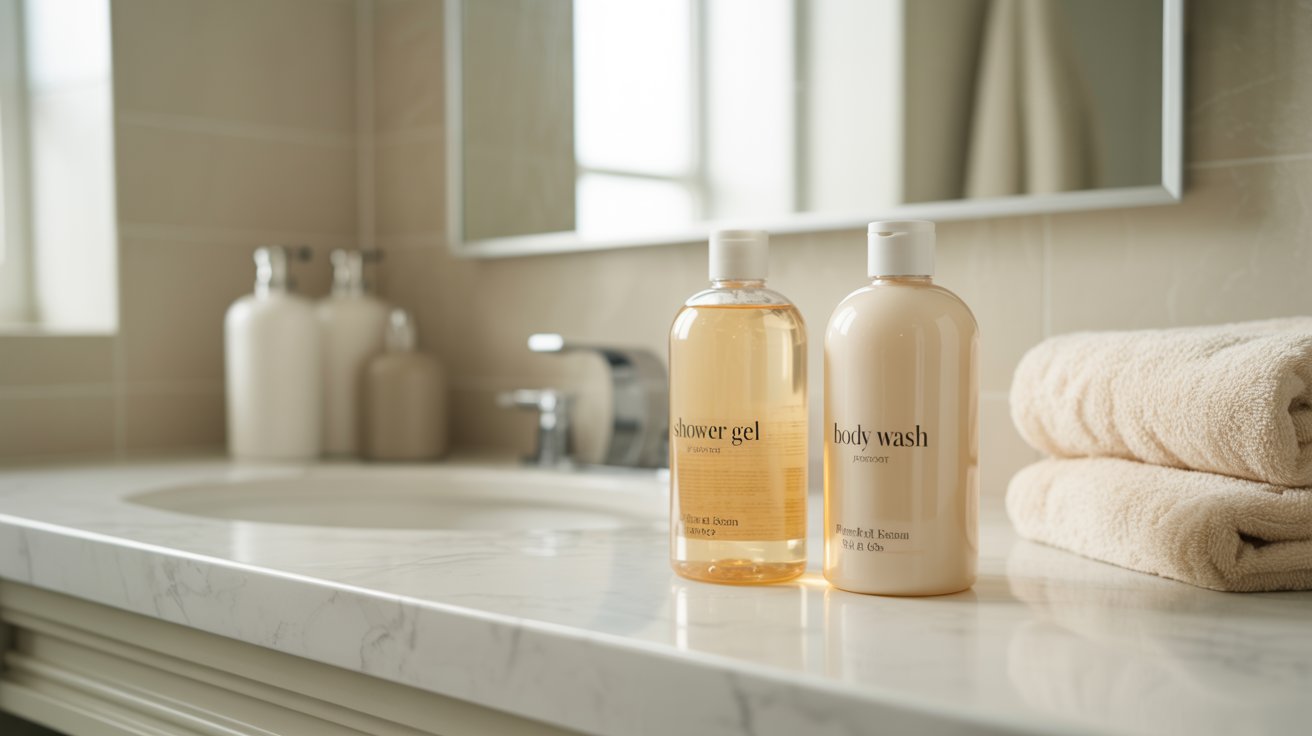 Shower gel vs body wash comparison showing two bottles side by side in a bathroom.