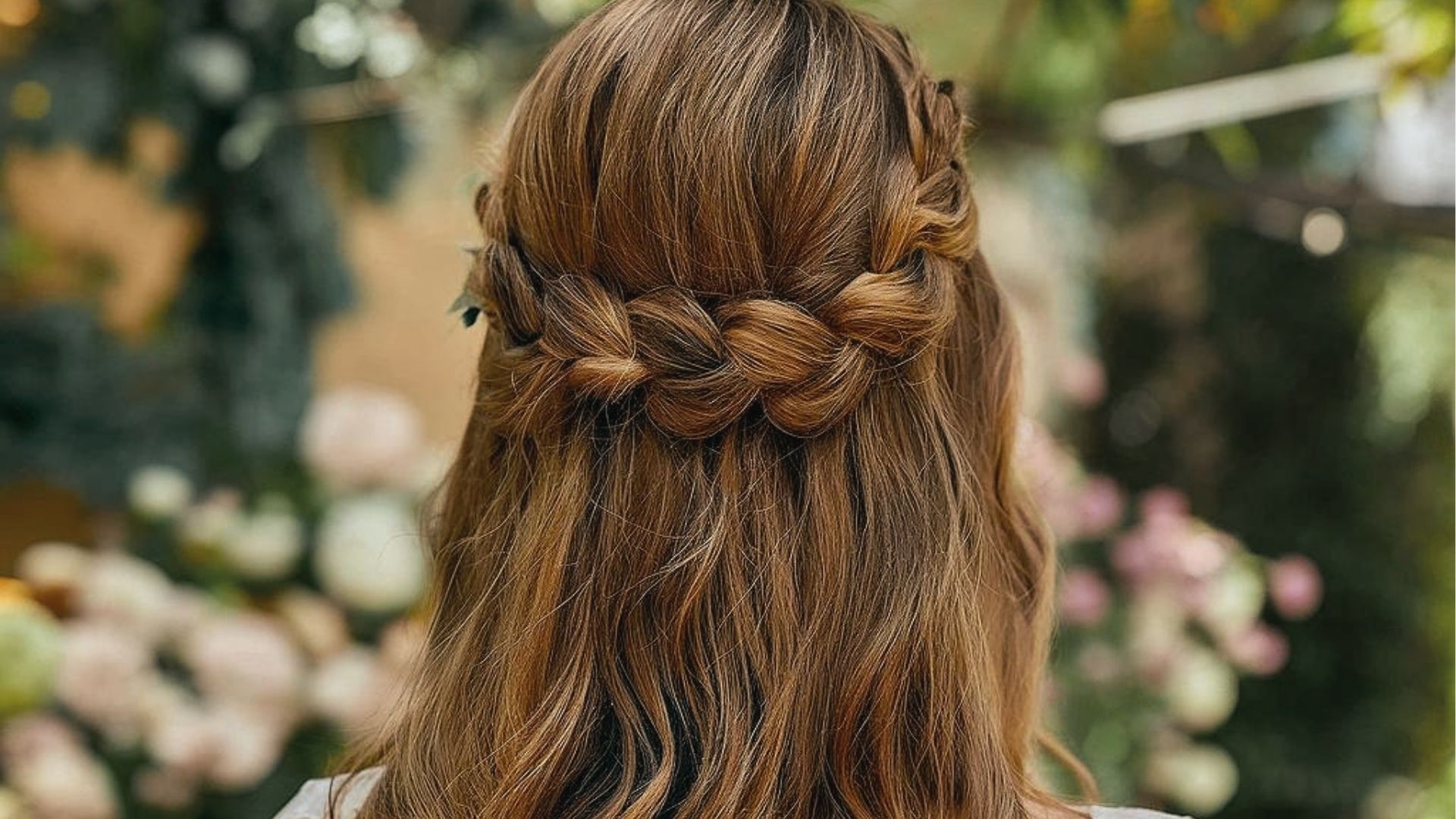 Romantic half up half down black hairstyle with twisted crown braid and loose waves in garden