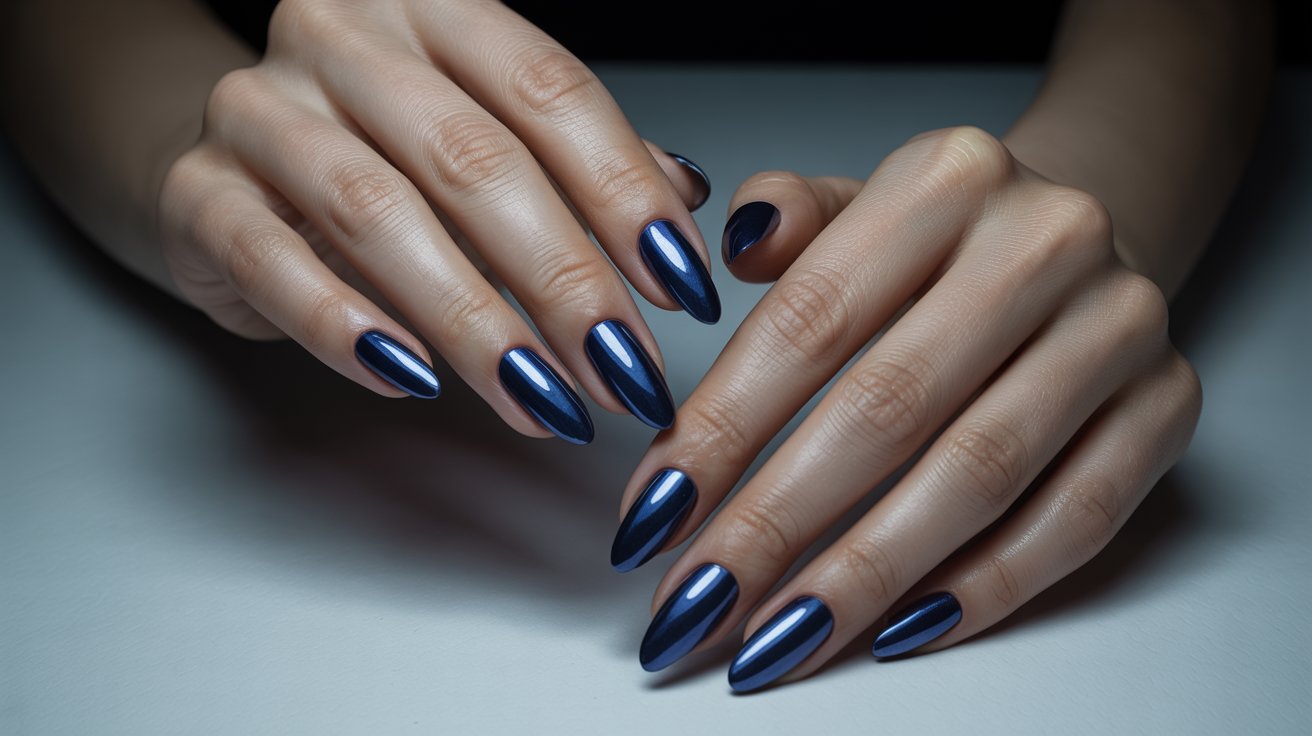 Deep navy chrome almond nails with reflective metallic shine and sleek moody manicure styling