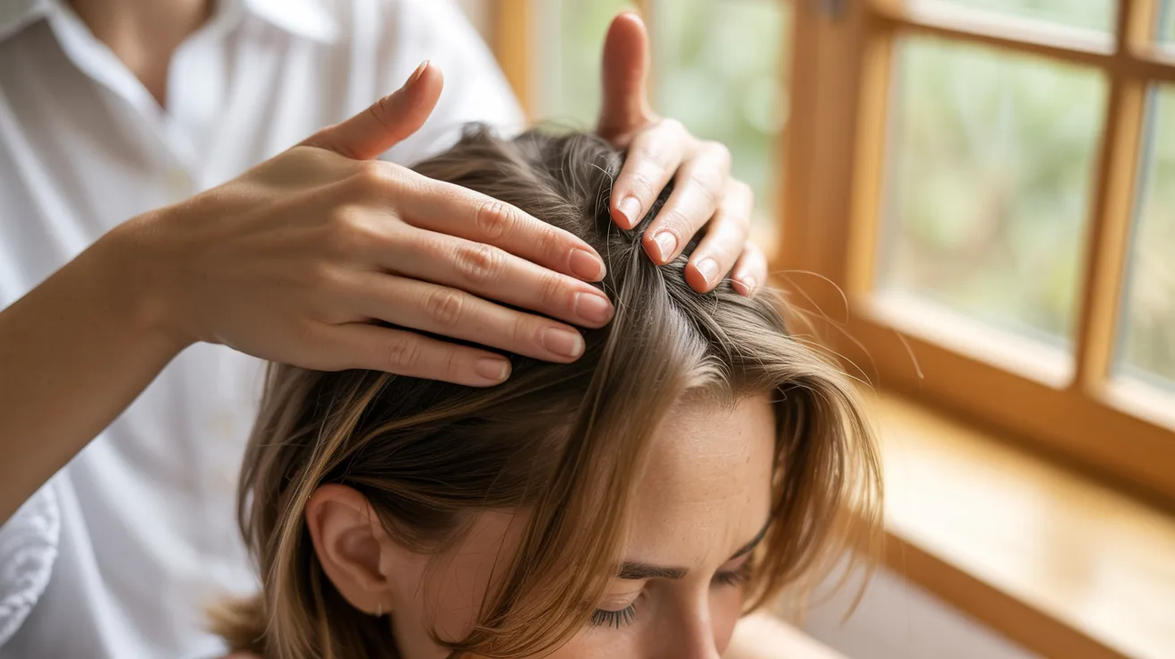 Scalp massage with fingertips to improve blood circulation and support hair growth.