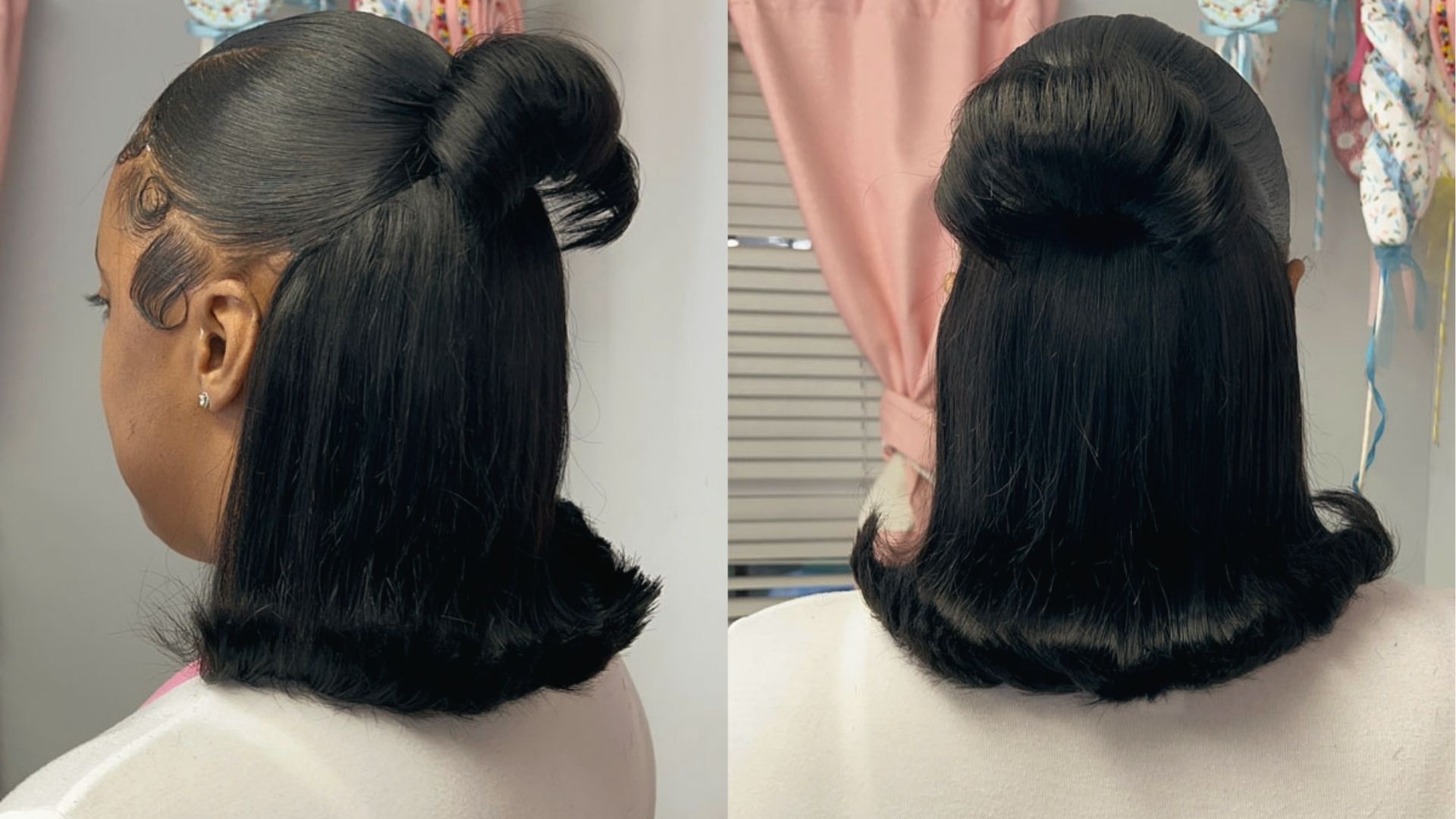 Shoulder length half up half down black style with flipped ends, slicked crown and baby hair