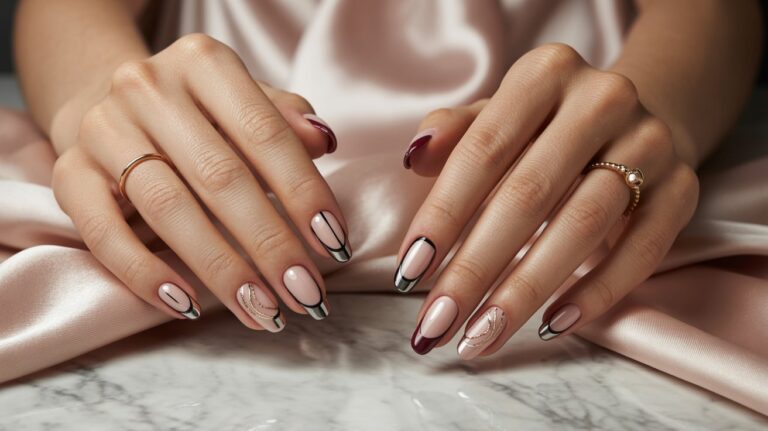 Classy almond nails featuring classy edgy designs with chrome accents, gemstones, matte finishes, and glossy details.