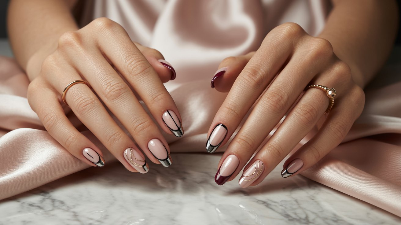 Classy almond nails featuring classy edgy designs with chrome accents, gemstones, matte finishes, and glossy details.