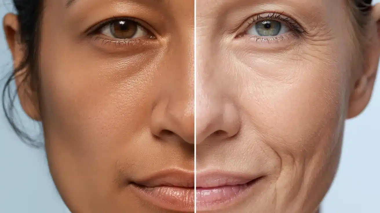 Before and after comparison showing dull uneven skin improving to brighter smoother and more even-toned glowing skin with regular vitamin C use.