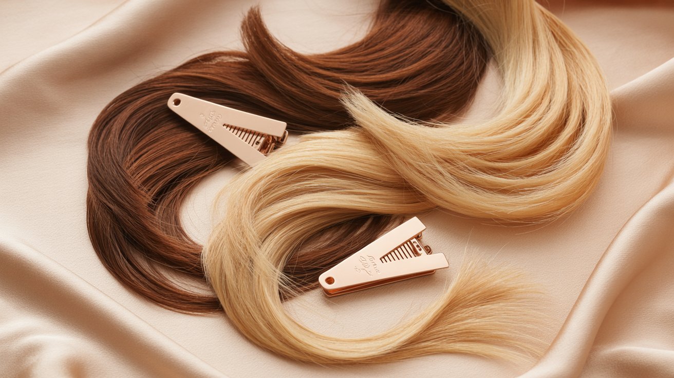 Silky Remy human hair extensions displayed elegantly with smooth aligned strands and luxurious natural shine.
