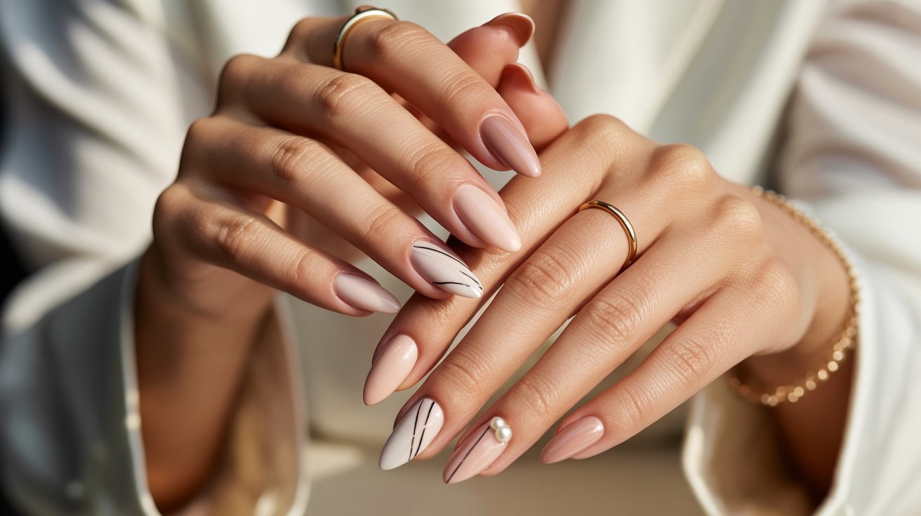 Classy almond-shaped nails with glossy nude manicure and soft tapered tips under natural lighting.