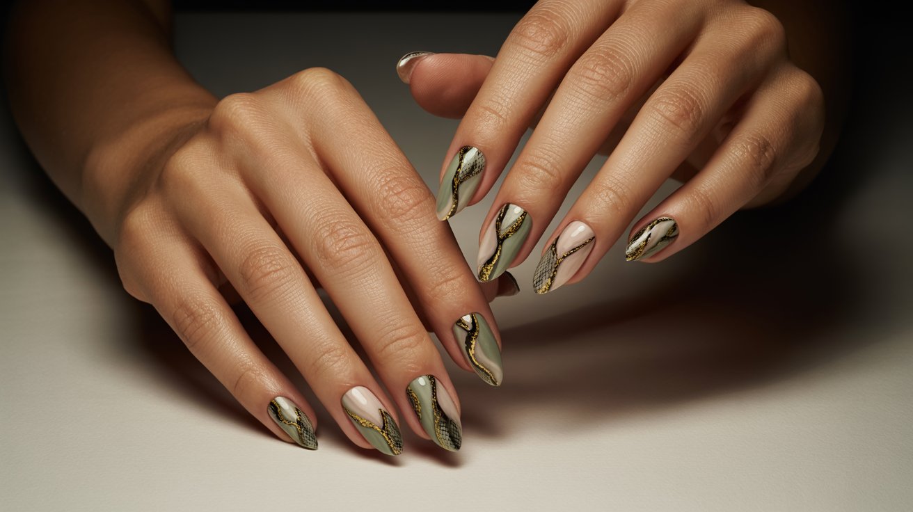 Snake print almond nails with textured patterns creating a bold edgy manicure appearance.