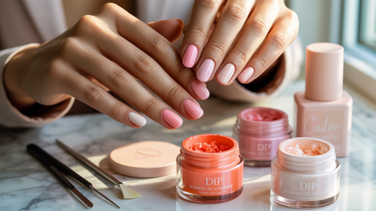 Elegant dip powder manicure with colorful nail powders and professional at-home nail care tools displayed