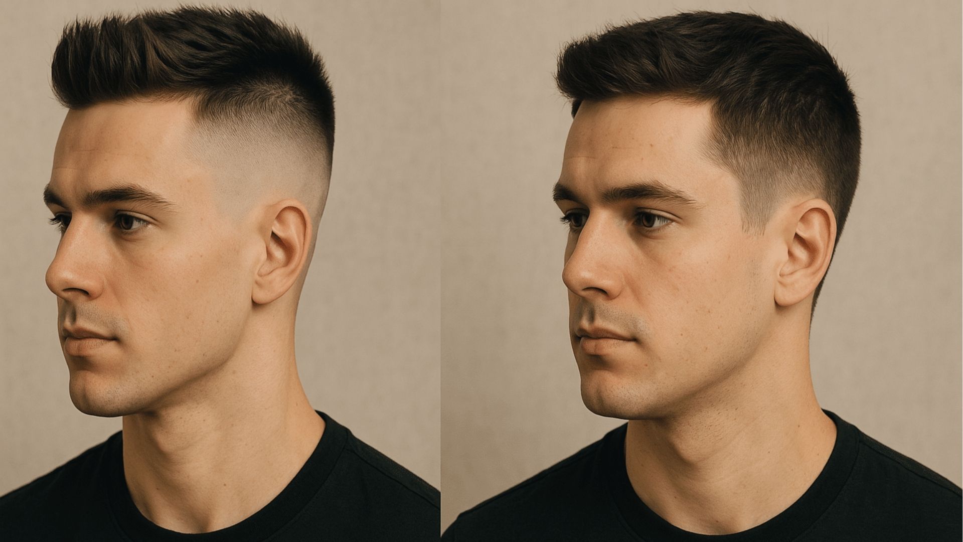 Side by side comparison shows high fade with skin at temples versus low fade starting near ears.