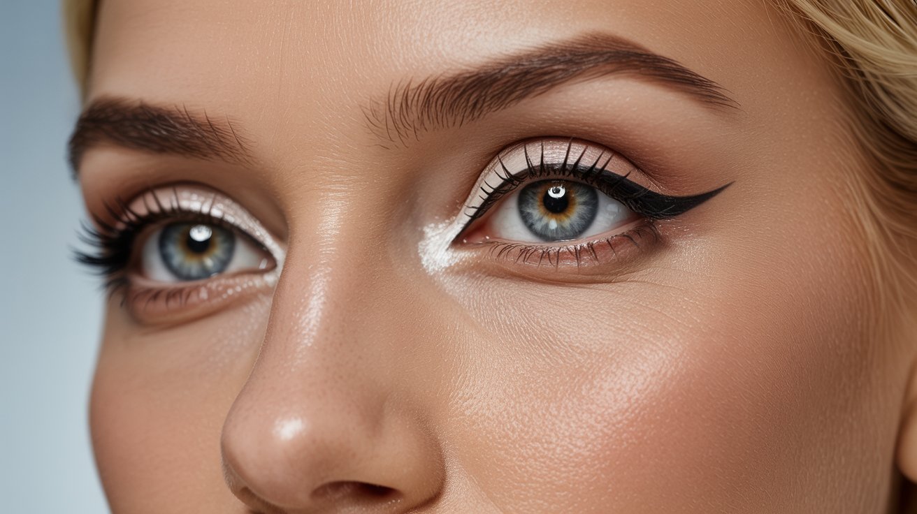 Beautiful woman with bright eye makeup, curled lashes, and glowing skin creating larger-looking eyes naturally.