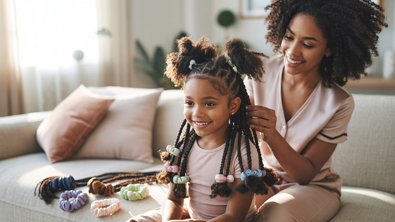 Little Black girl smiling while mom styles protective hairstyles in bright cozy family home setting indoors