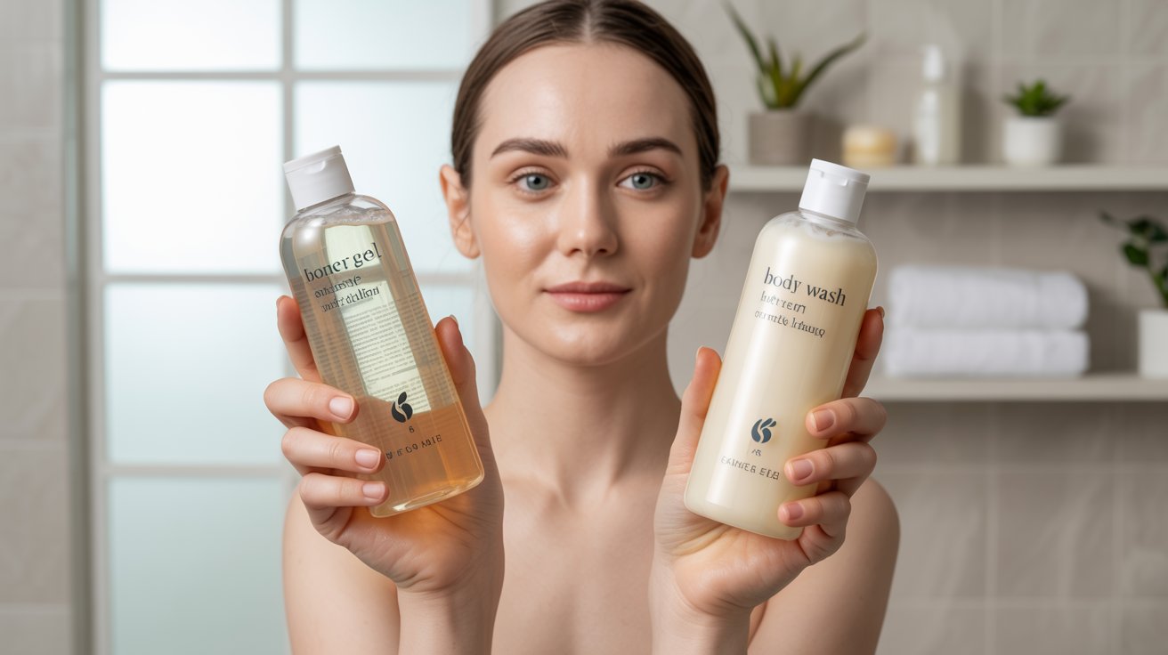 Person comparing shower gel and body wash bottles in a bathroom