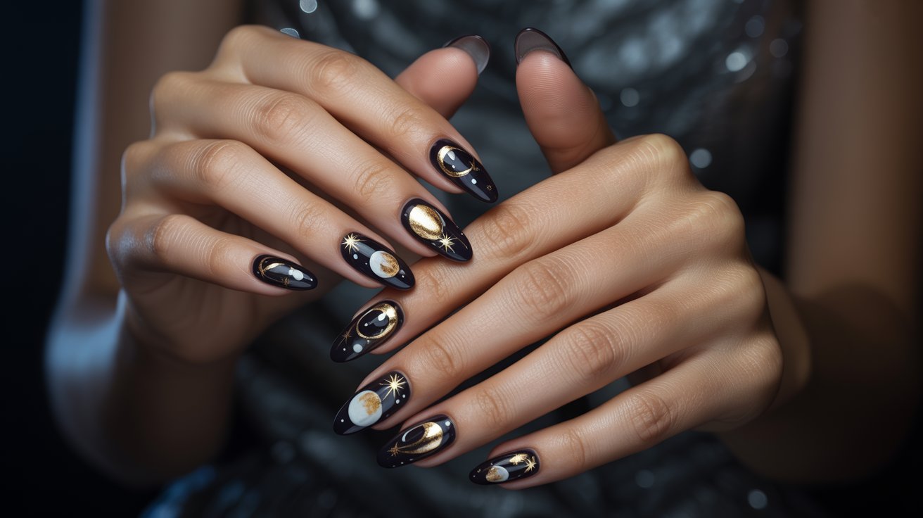 Black celestial almond nails with moon star details and dramatic cosmic manicure styling.