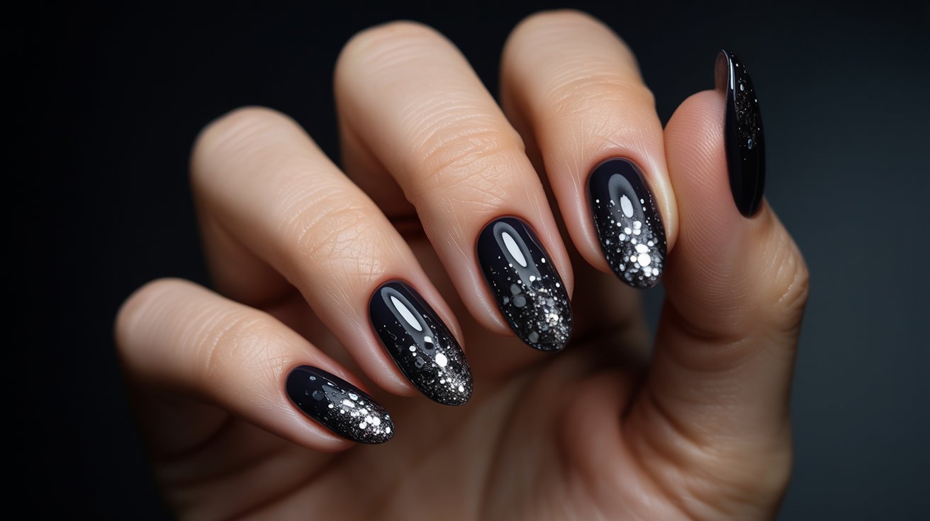 Black glitter ombre almond nails with sparkling gradient and glamorous edgy manicure details.