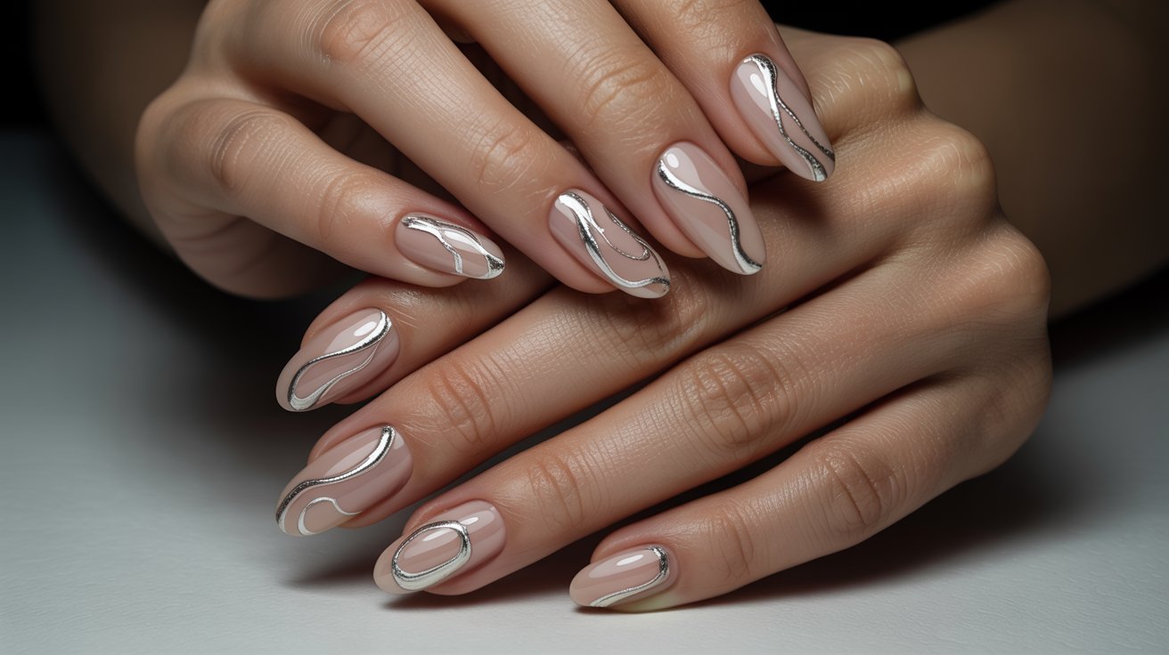 Silver metallic swirl almond nails with abstract lines over nude base creating a modern manicure style.