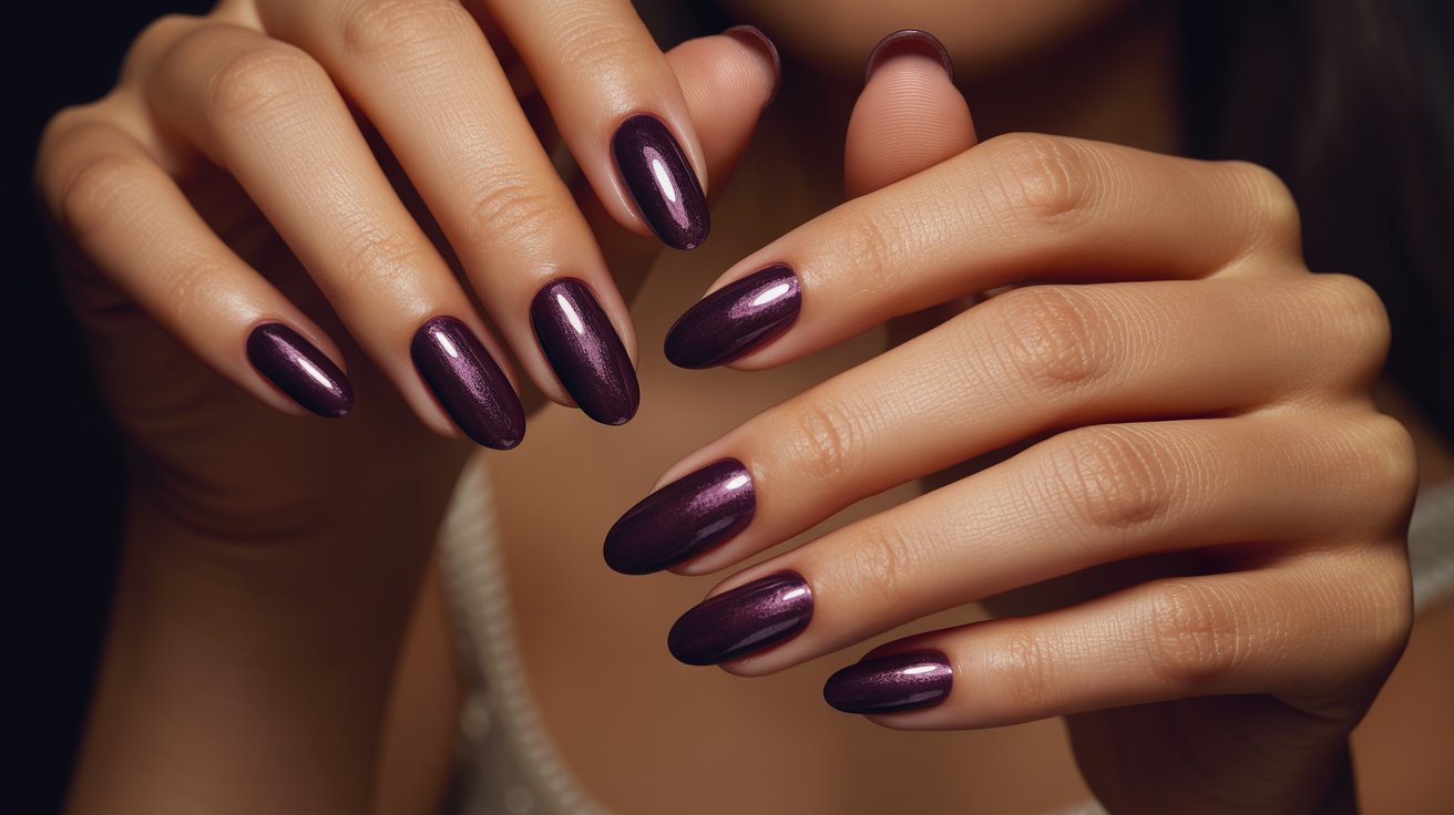 Dark plum velvet almond nails with rich shimmer texture and classy moody manicure styling.