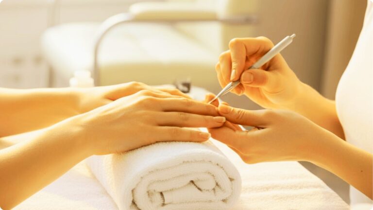 A nail technician gently pushes back a client’s cuticles using a metal cuticle pusher on a towel-covered hand rest.