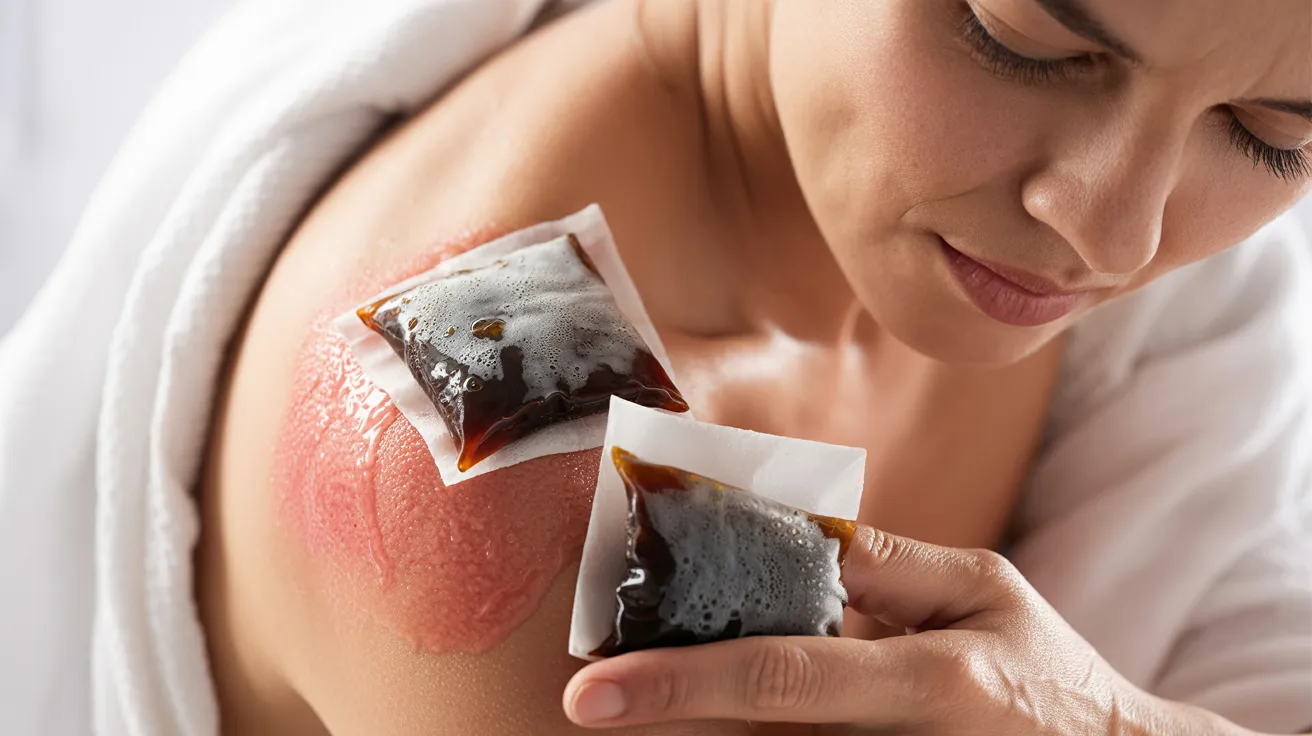 cooled tea bags applied on sunburned skin using cloth to reduce redness and swelling naturally.