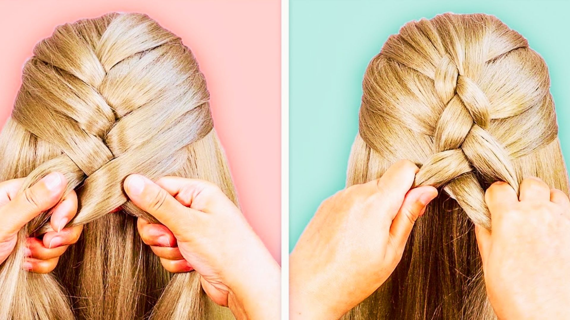 Side by side closeup of hands braiding blonde hair into wide French braid tutorial steps