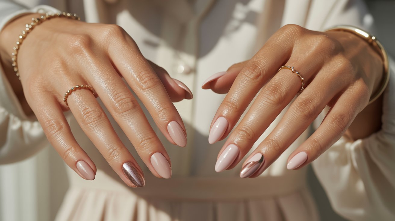 Side-by-side comparison of oval and almond nail shapes with glossy nude manicures and classy styling