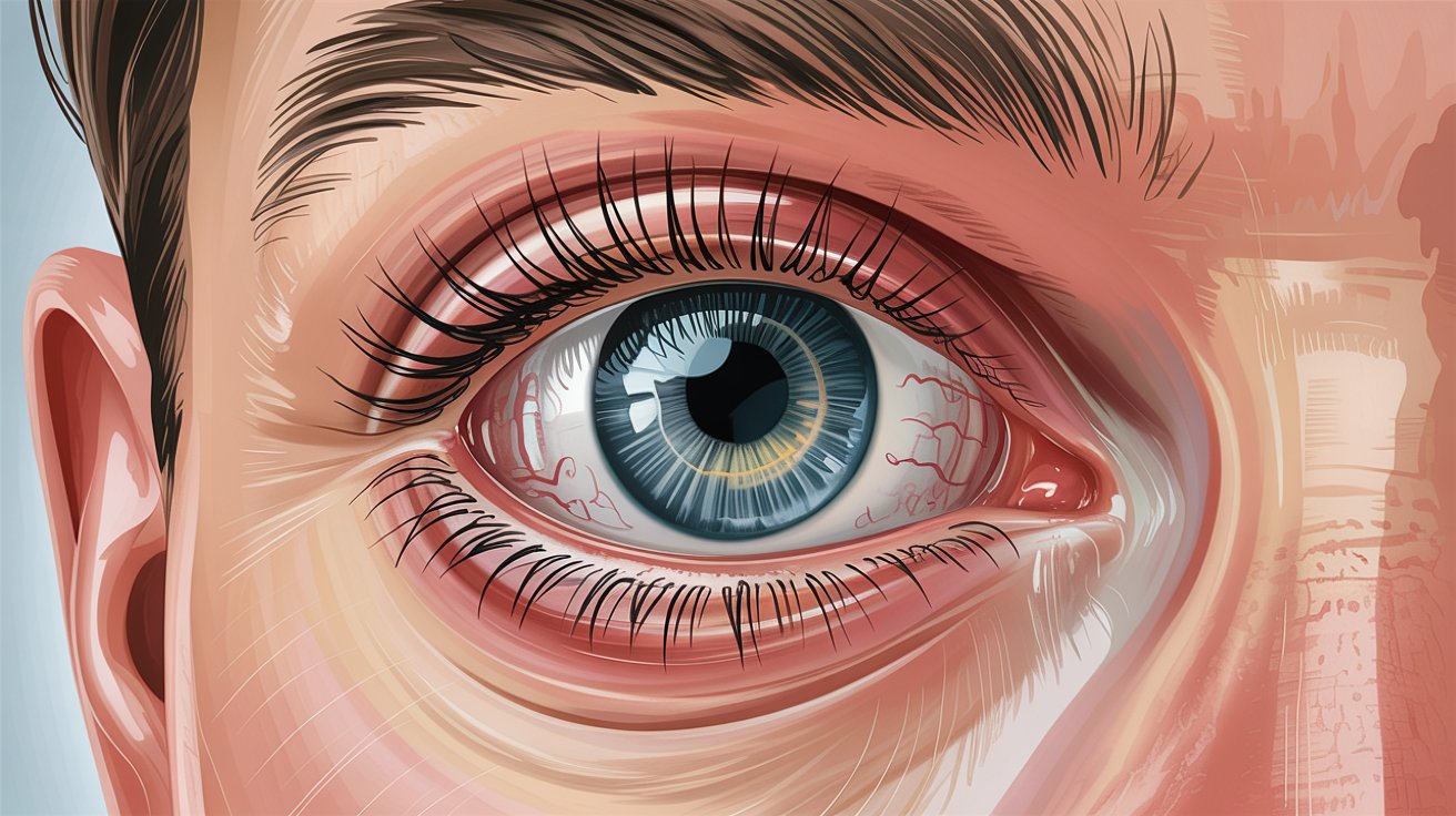 Close-up eye with trapped eyelash causing redness, watering and irritation in realistic beauty illustration