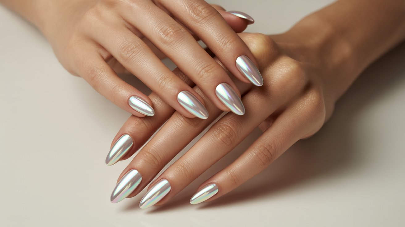 Pearl chrome almond nails with iridescent shine and classy edgy manicure styling details.