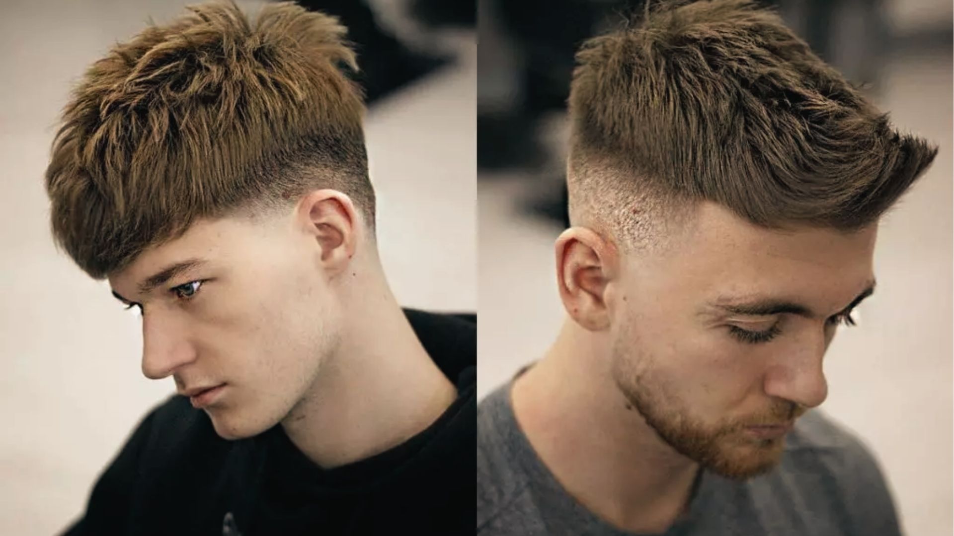 Split view compares textured low fade with longer fringe versus high fade with skin-level sides.