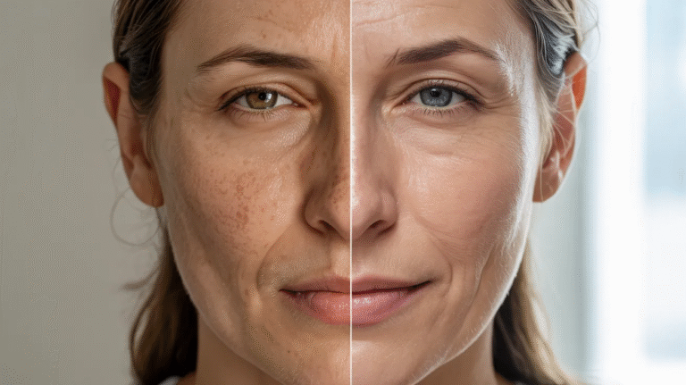 before and after comparison showing dull uneven skin improving to brighter smoother and more even-toned skin after vitamin C serum use.