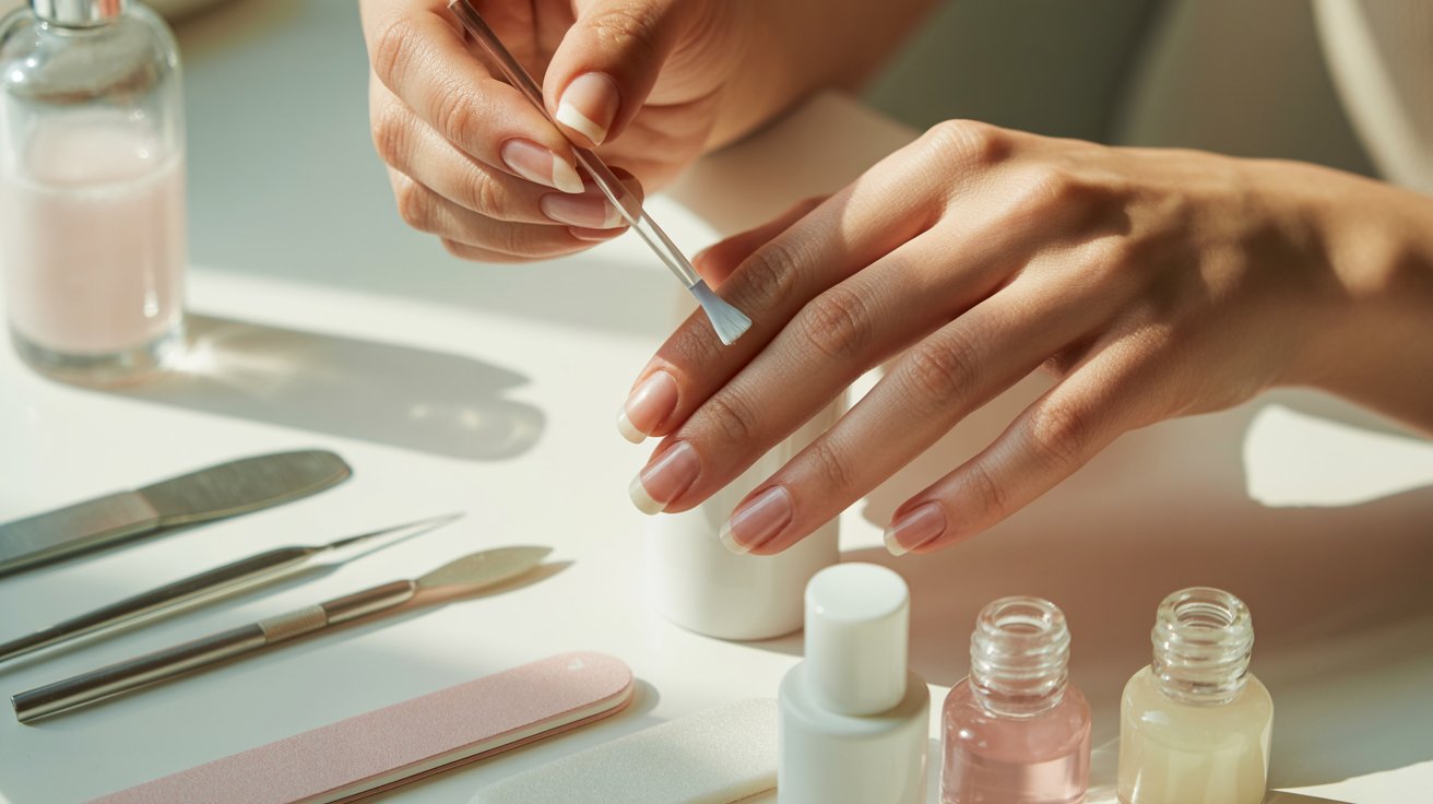 Nail prep liquid applied to natural nails before dip powder manicure on clean beauty workspace