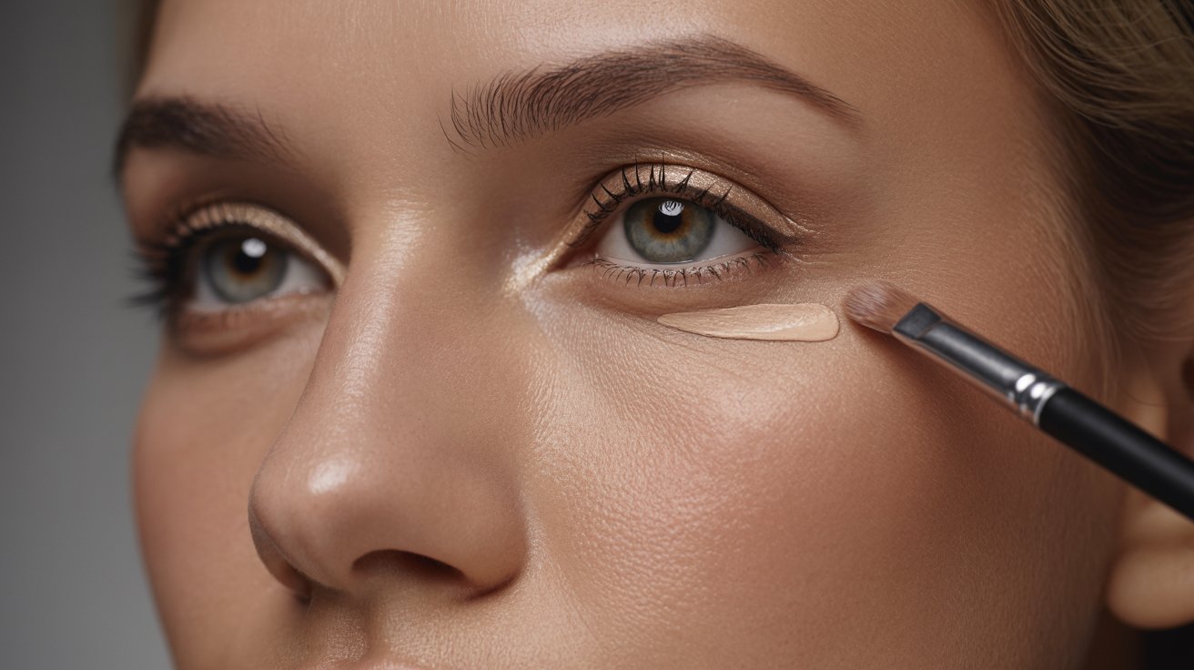 Woman applying concealer and champagne eyeshadow to create brighter, refreshed, and wider-looking eyes naturally.