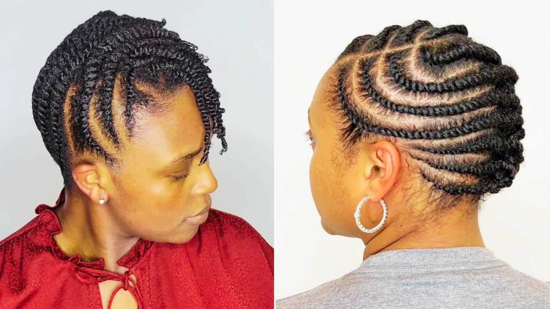Side by side views of intricate flat twist updo with scalp patterns wearing red and gray