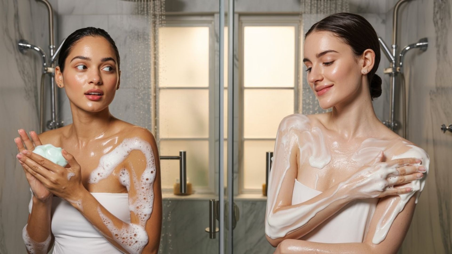 Split shower scene showing oily skin type using shower gel for deep cleansing and dry skin type using body wash for moisturizing care in a bathroom routine.