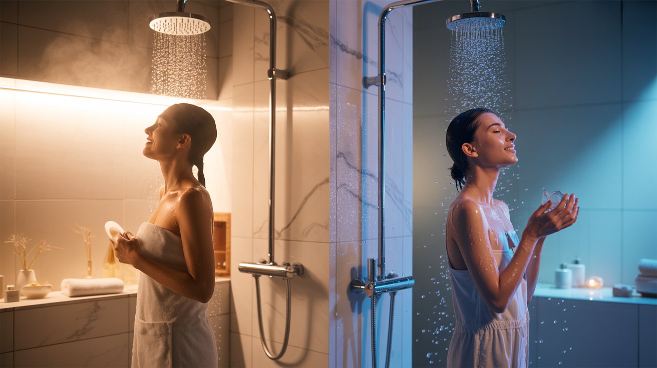 Split shower scene showing hot and cold water benefits for stress relief, fitness recovery, skin care, and alertness goals.