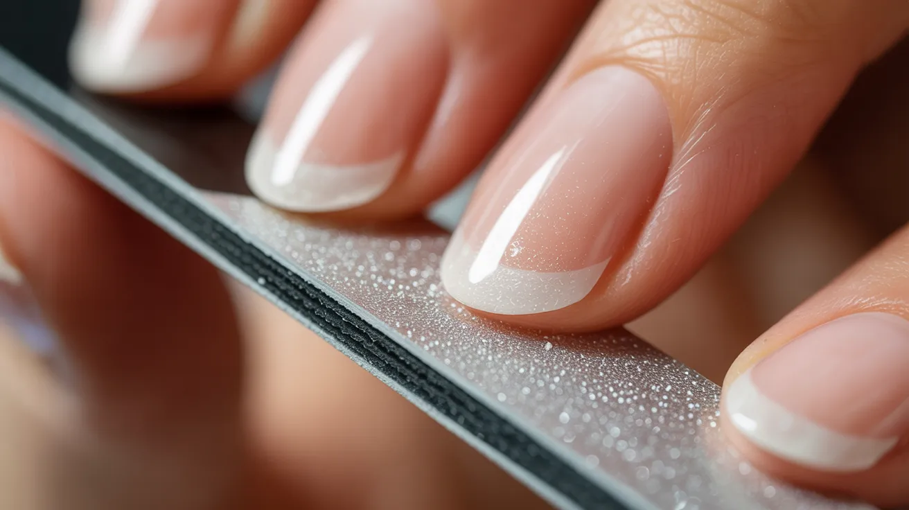 shaping and refining cured builder gel nails with a file to create smooth edges and a clean professional nail finish.