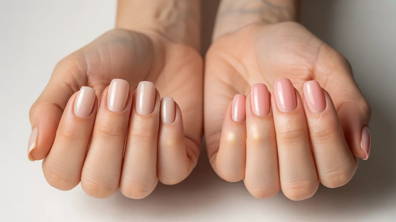 comparison showing builder gel versus regular gel polish showing slight chipping over time.
