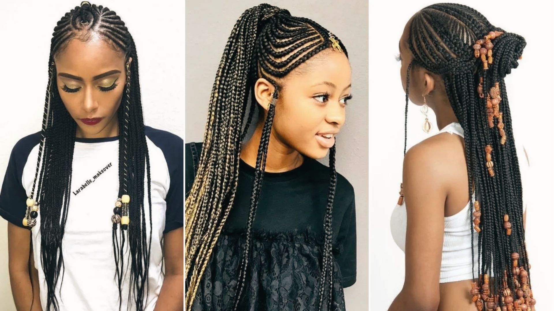 Three braided half up half down styles: beaded fulani, blonde highlight pony, beaded bun