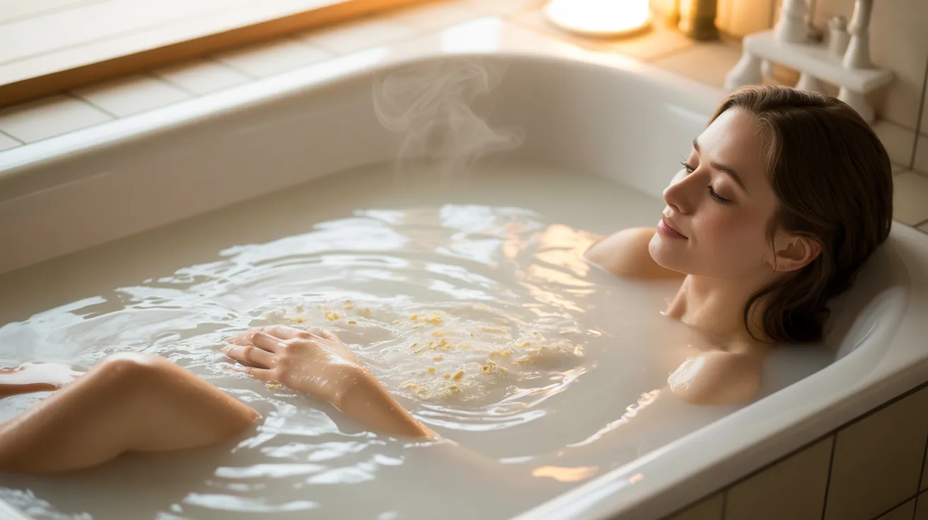 soothing oatmeal bath with creamy water texture helping relieve itchy and peeling sunburned skin.