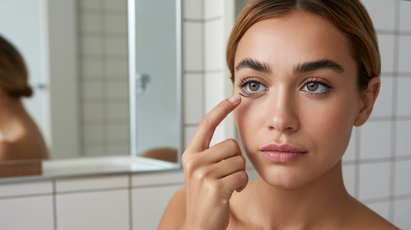 Beautiful woman gently removing eyelash from irritated eye using clean hands in bright bathroom mirror safely.