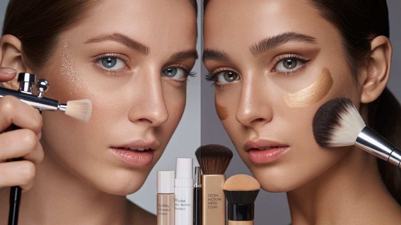 Side-by-side comparison of airbrush and traditional makeup finishes with glowing flawless professional beauty application