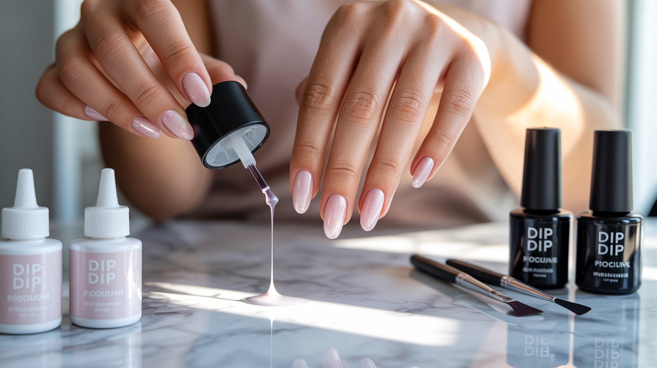 Activator liquid brushed over dip powder nails to harden and seal manicure layers securely