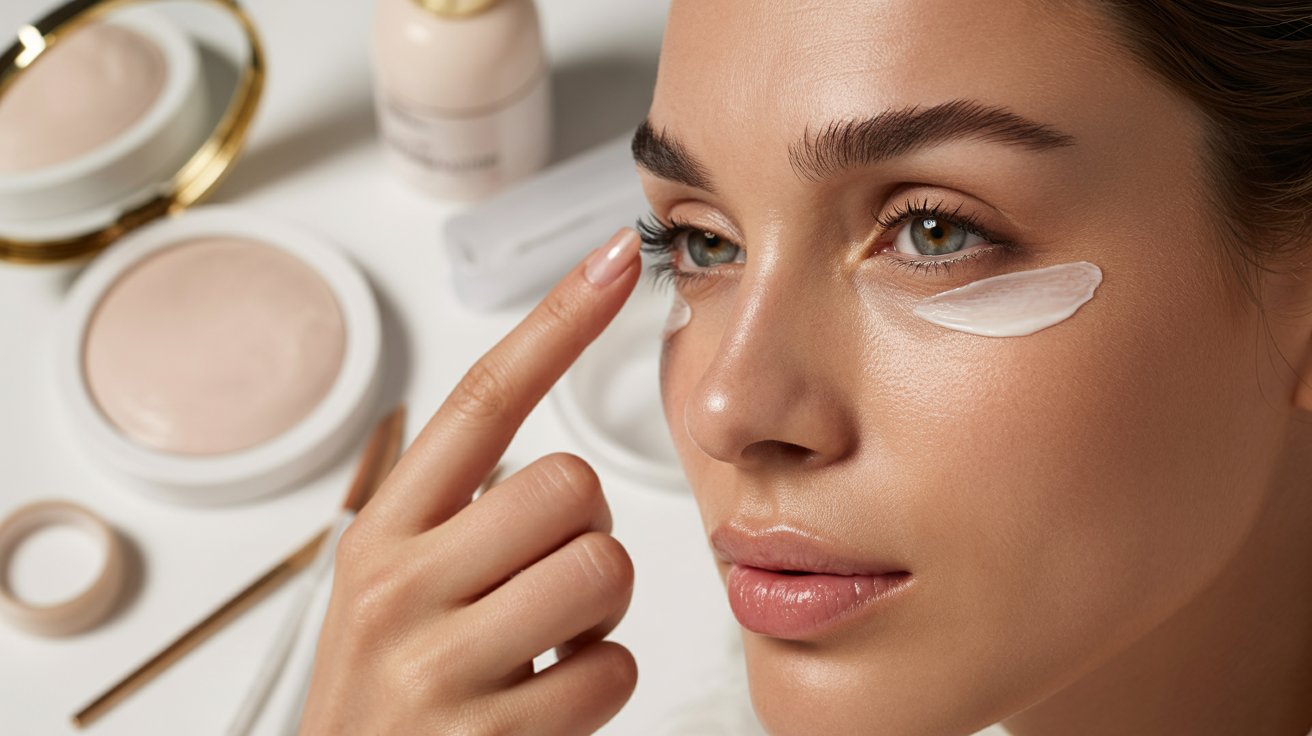 Woman applying eye cream and concealer before makeup for brighter, smooth, and lifted-looking eyes naturally.