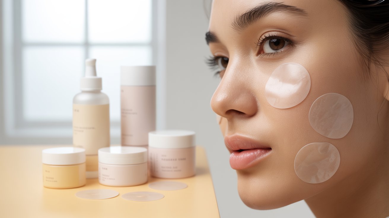 Clear hydrocolloid pimple patches beside skincare products with soft lighting and realistic healthy skin texture.