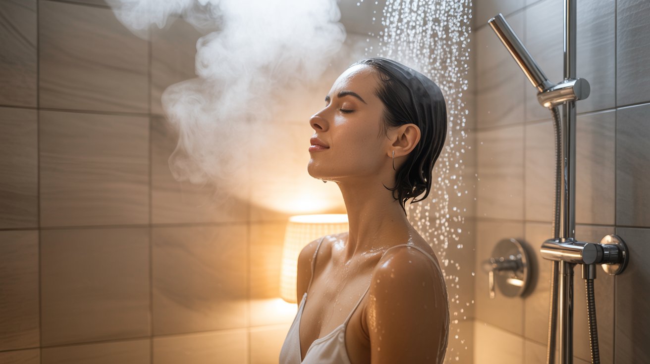 Woman relaxing under a hot shower with steam, showing stress relief and muscle relaxation after a long day.