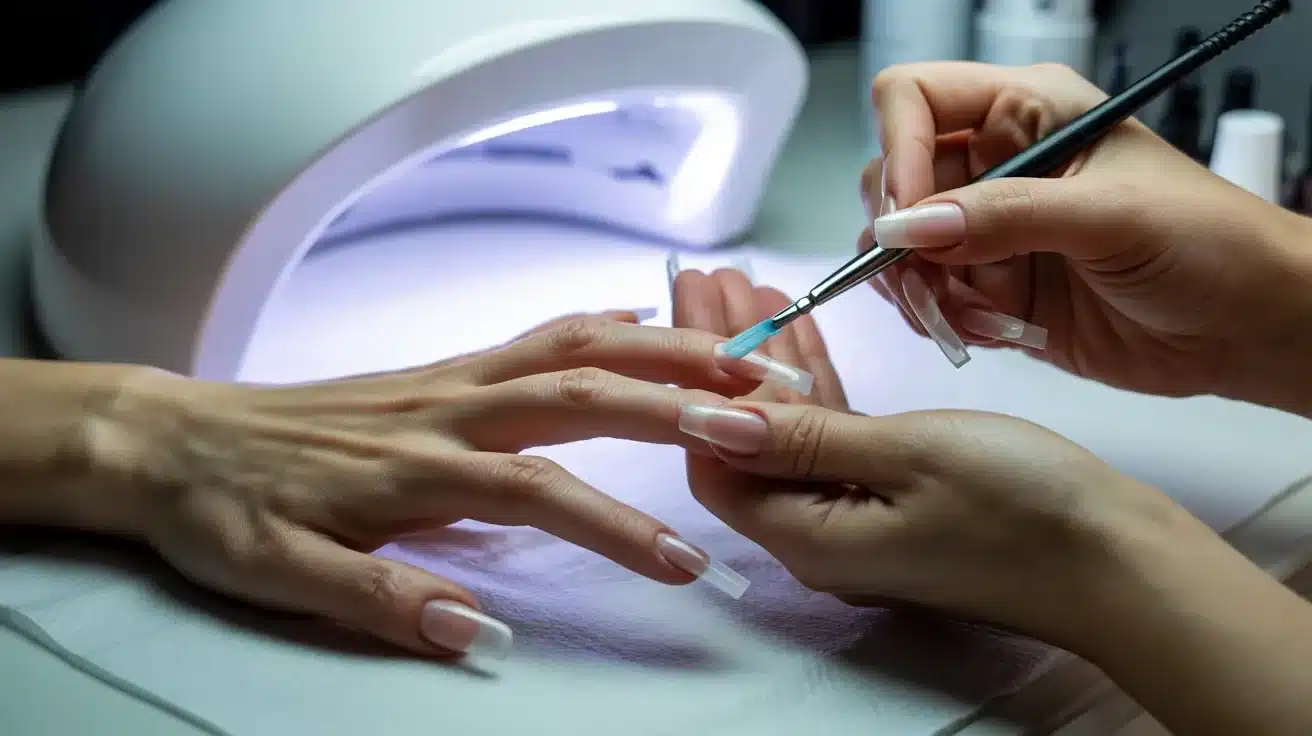 nail extension process using builder gel and nail forms to create added length, cured under UV lamp in professional manicure setup