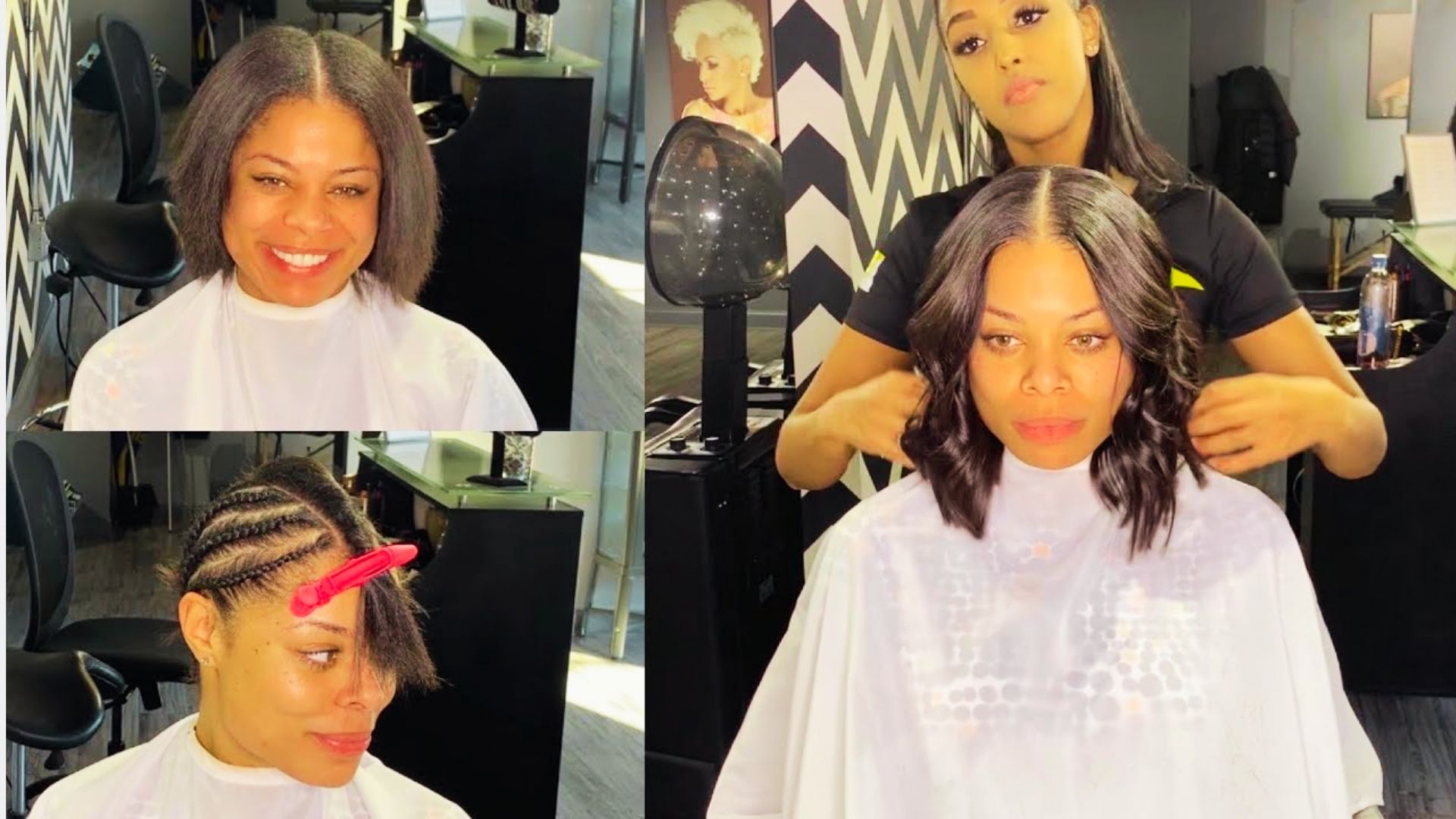 Salon collage showing client before braiding, during cornrows, and after wavy hair transformation