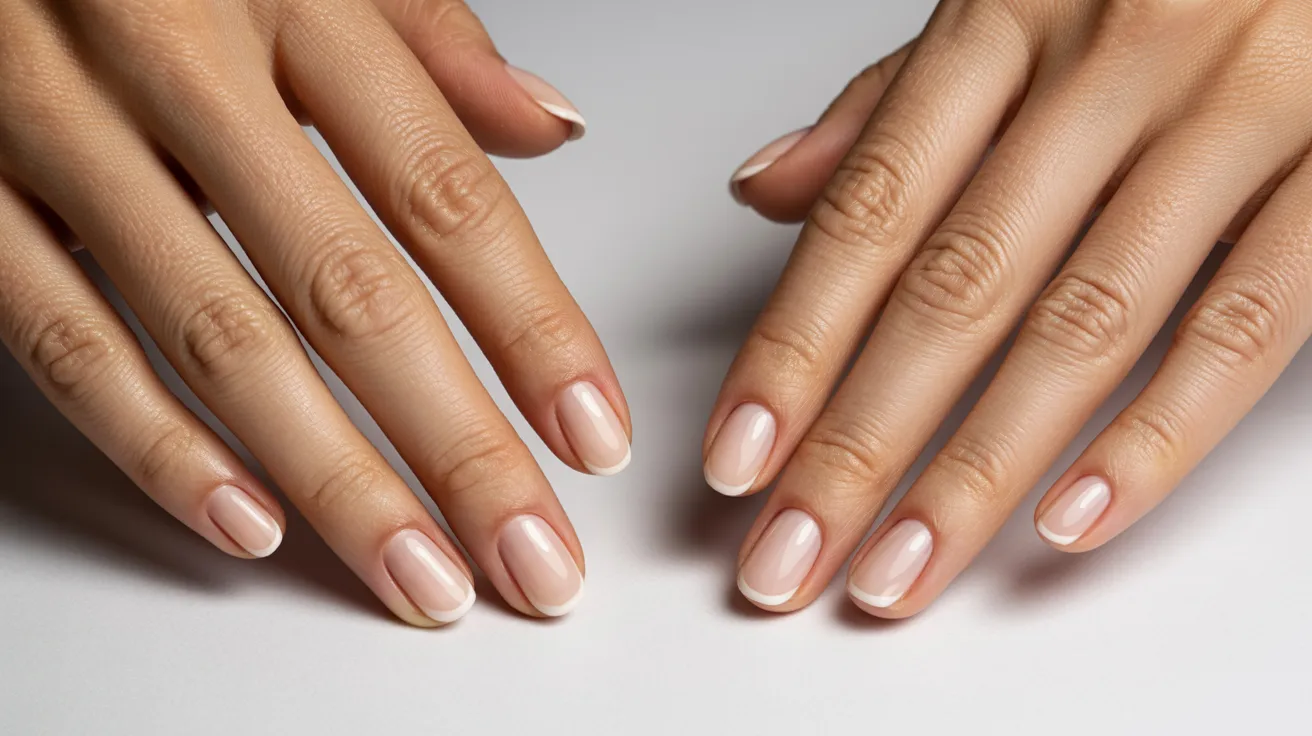 comparison of builder gel and regular gel nails showing thick structured nails versus glossy natural-looking gel polish finish side by side.