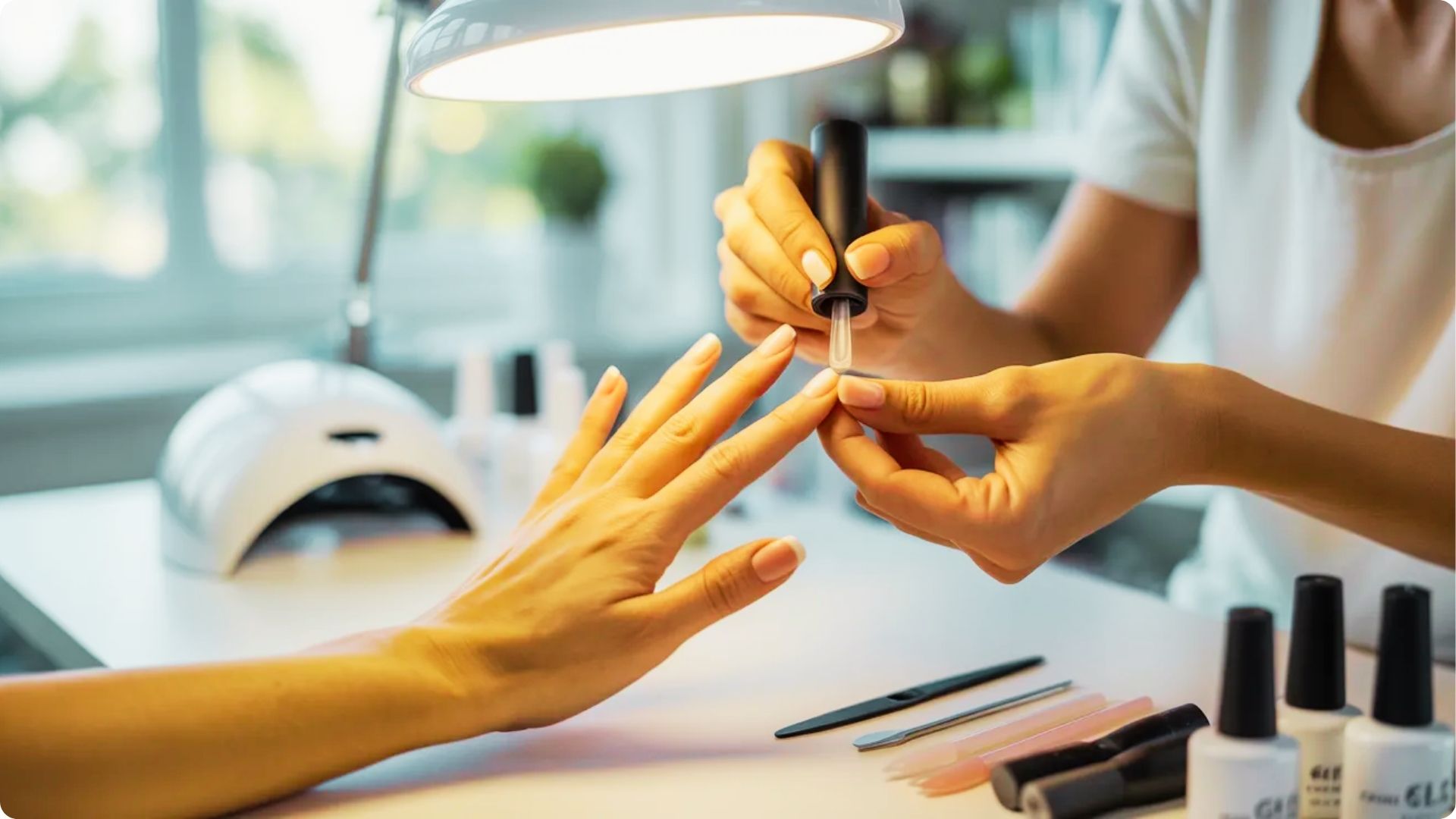 A manicurist applies clear gel polish to a client’s nail under a bright salon lamp with a UV lamp in the background.